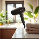 Style your hair effortlessly with a stylish frizzy hair dryer showcased in a relaxing bathroom.