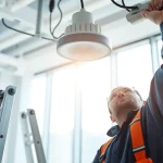 Improving lighting maintenance with a technician inspecting modern fixtures in an office.