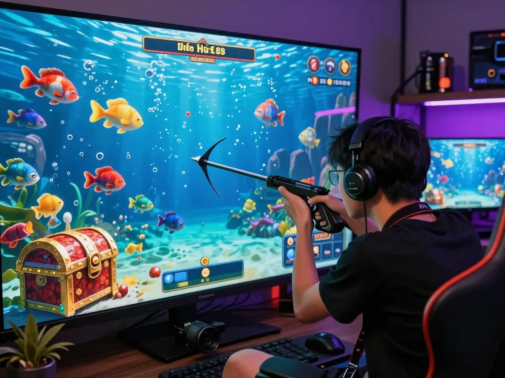 Bắn cá hubet88 gaming scene with animated fish and vibrant underwater graphics in an engaging digital environment.