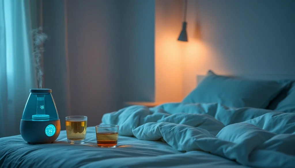 心地よい眠りを促すベッドルームの安らぎあるシーンで、風邪を一晩で治す方法を示す。