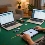 Person playing poker on TG88 online casino app, showcasing an engaging home gaming setup with lively decor.