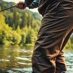 Fly fishing waders worn by an angler casting a line in nature's calm environment.