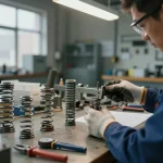 Tehnician asamblând arcuri ciur într-un atelier industrial aglomerat, concentrat pe precizie și măiestrie.