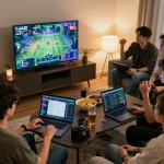 KÈO TRỰC TUYẾN showcasing friends engaging in sports betting during a thrilling game night.