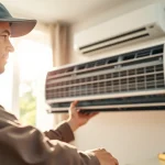 Technician conducting air conditioning repair Canada service in a modern home.