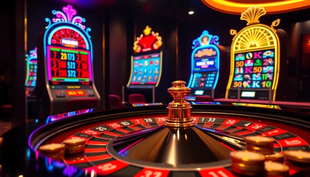 Adegan kasino online MABAR88 yang menampilkan meja roulette yang menarik, chip poker, dan mesin slot.