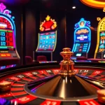 Adegan kasino online MABAR88 yang menampilkan meja roulette yang menarik, chip poker, dan mesin slot.
