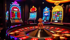Adegan kasino online MABAR88 yang menampilkan meja roulette yang menarik, chip poker, dan mesin slot.
