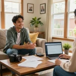 We buy houses scene showing a friendly cash offer discussion in a cozy living room.