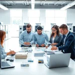 Engaging team at a direct mailing company working collaboratively in a modern office.