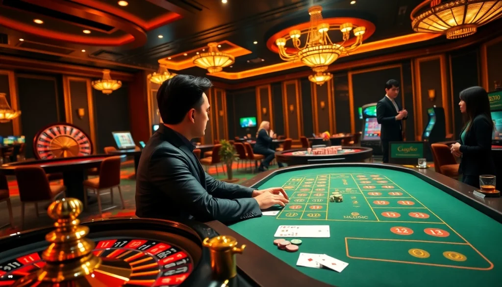 Experience thrilling gambling action at LC88 with roulette, poker chips, and vibrant casino tables.