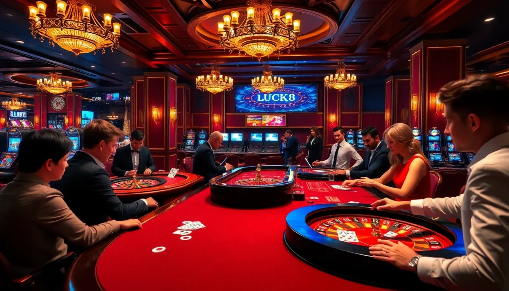LUCK8 Casino players engaging at professional tables with exciting games and vibrant atmosphere.