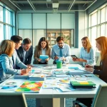 Direct mail company team brainstorming with vibrant materials in a modern office.