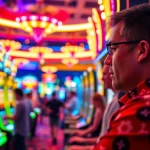 Mainkan rtp slot gacor di mesin slot bersinar dengan latar belakang kasino yang ramai.