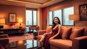 Singapore escort providing a premium experience in a luxurious hotel suite.