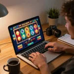 Engaged player exploring situs slot gacor online gaming on a laptop with vibrant reels.