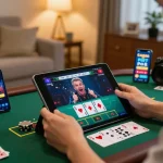 Engaging with live blackjack gameplay on Spin Panda Casino app, showcasing casual home gaming atmosphere.