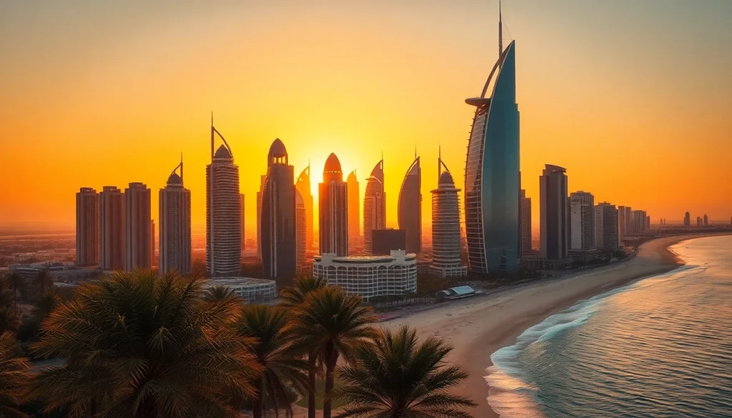 Illuminate the skyline of Dubai City with vibrant sunset over its iconic architecture.