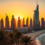 Illuminate the skyline of Dubai City with vibrant sunset over its iconic architecture.