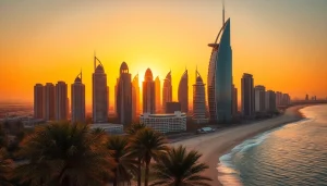 Illuminate the skyline of Dubai City with vibrant sunset over its iconic architecture.