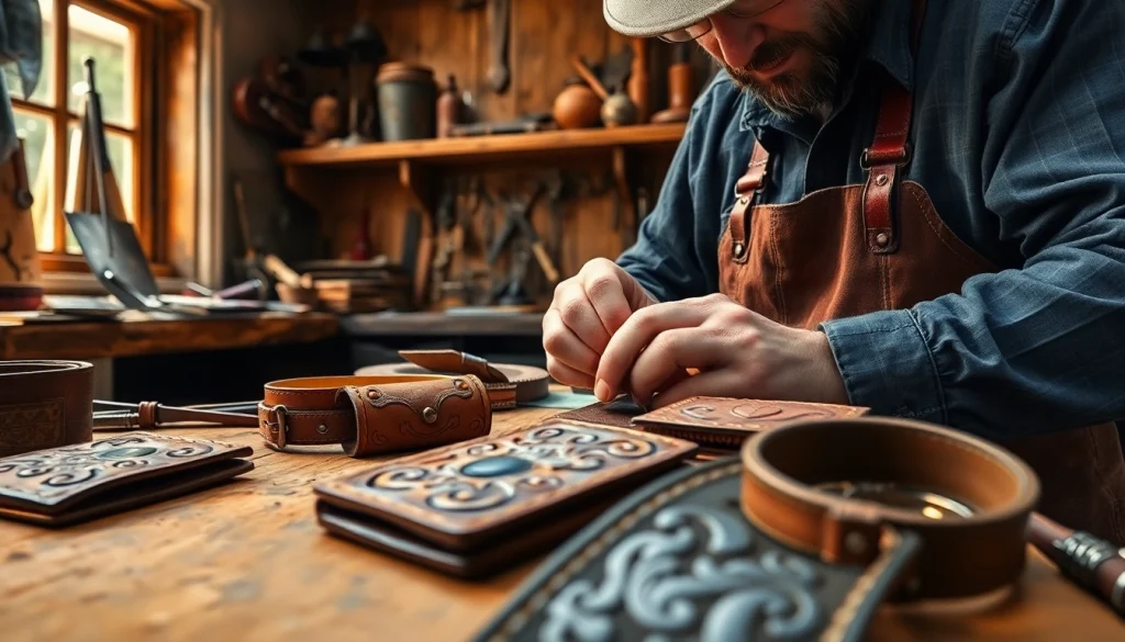 Craftsman detailing Tooled Leather wallets in a rustic workshop, showcasing artistry.