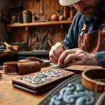 Craftsman detailing Tooled Leather wallets in a rustic workshop, showcasing artistry.