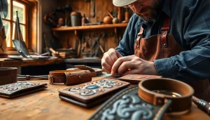 Craftsman detailing Tooled Leather wallets in a rustic workshop, showcasing artistry.