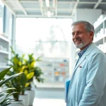 Consultation scene in an online pharmacy showcasing patient care with a smiling pharmacist.