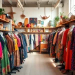 Unique vintage finds at a thrift store Denmark, showcasing colorful clothing and accessories.