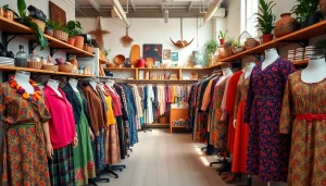 Unique vintage finds at a thrift store Denmark, showcasing colorful clothing and accessories.