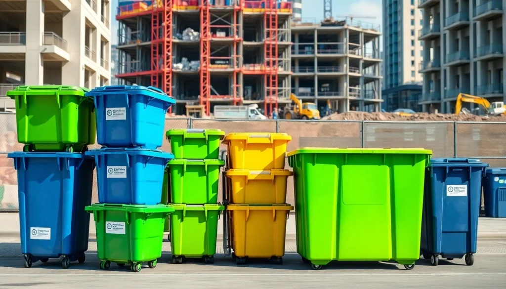 Array of garbage rental bins in vibrant colors lining a construction site.
