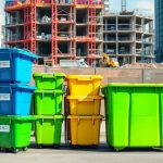 Array of garbage rental bins in vibrant colors lining a construction site.