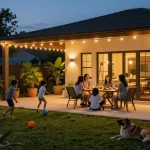 Dusk to dawn outdoor lights illuminate a family gathering on a patio, showcasing elegant wall-mounted fixtures in a welcoming outdoor setting.