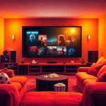 Enjoy ดูหนังออนไลน์ in a cozy home cinema with a vibrant movie scene on the screen.