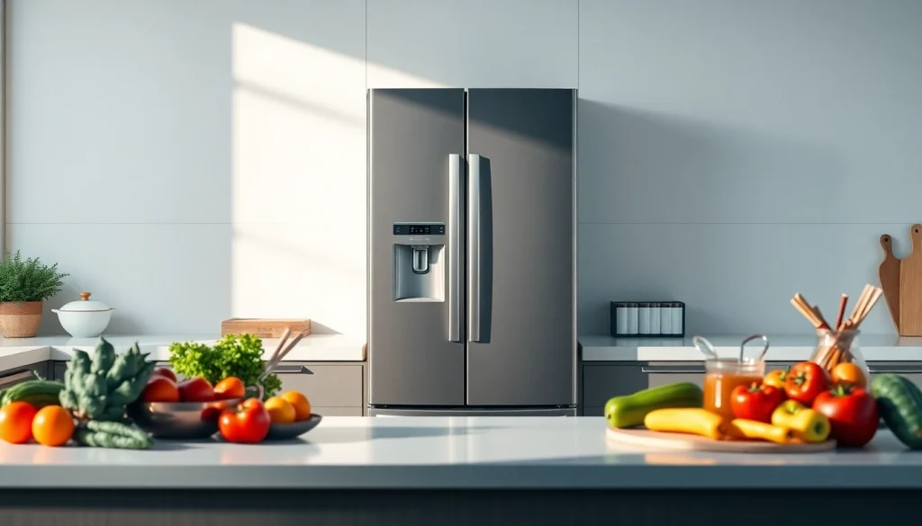 Modern Refrigerator in a bright kitchen, showcasing fresh produce and vibrant colors.