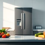 Modern Refrigerator in a bright kitchen, showcasing fresh produce and vibrant colors.