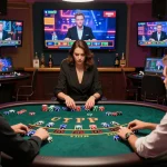 Engaged players enjoying a baccarat game at a virtual casino, showcasing the vibrant baccarat사이트 atmosphere.