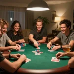 w 88 poker night with friends playing cards and chips on vibrant table in warm home setting