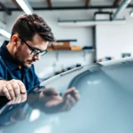 Clear Bra installer meticulously applying protective film to a luxury car's exterior.