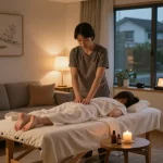 부천 출장마사지 in a calming home setting with professional therapist and ambient lighting.