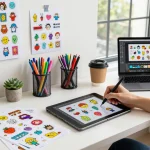 Designer creating custom stickers in a vibrant workspace with sketch samples, digital tablet, and colorful supplies.
