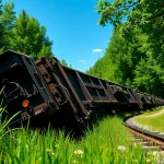Derailed train cars illustrating the concept of derailment amidst a natural environment.