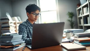 Engaged student utilizing online exam assistance in a modern study setting.