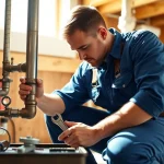 Plumbers Knightdale repairing a home plumbing system with professional tools.