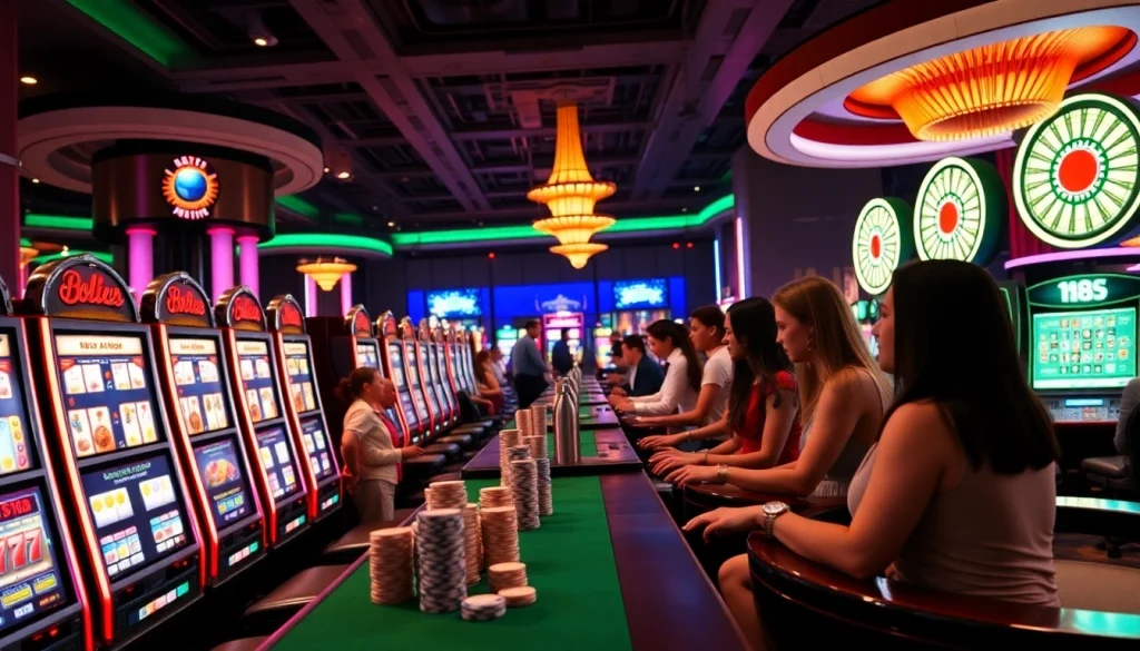 Players enjoying slot machines at a vibrant casino, capturing the excitement of 888new gaming experiences.