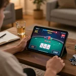 Player enjoying a thrilling poker game on a tablet while using sunwin to track betting strategies with ambiance.
