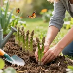 Groene asperges planten in a home garden with tools and fresh soil.