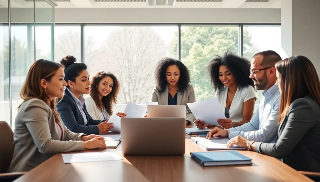 Team discussing Federal and State contracts pre-post award compliance in a modern office.