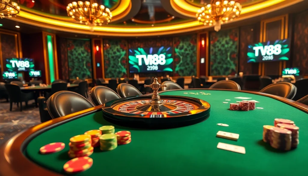 TV88 poker players placing bets at a luxurious casino table