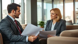 Greenville Personal Injury Lawyers meeting with a client in a modern office, demonstrating collaboration and professionalism.